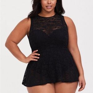 Torrid - Black Lace Peplum Flare Push-Up Swimsuit Brief Swim Dress - 2X